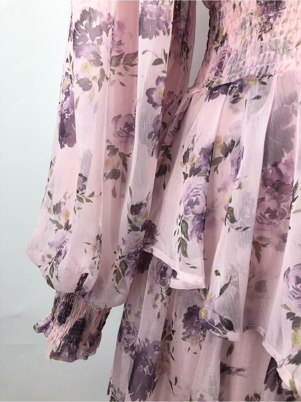 Batul The Collection floral tiered modest XS dress maxi dress chiffon PINK - Picture 5 of 12